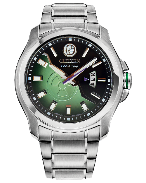 The Citizen Watch - Hulk Eco-Drive (AW1351-56W) is a men’s stainless steel watch by Citizen, featuring a green and black gradient dial, silver hour markers, date display, and a sleek silver link bracelet.