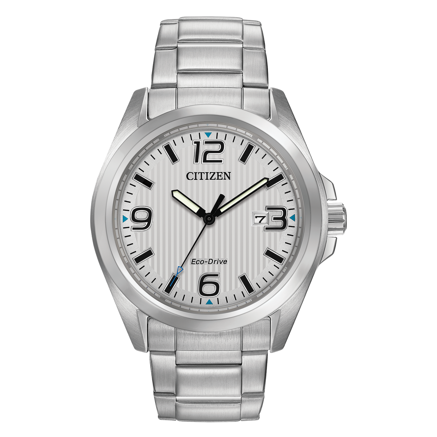 The Citizen Watch - Garrison Eco-Drive AW1430-86A features a stainless steel case, metallic strap, white dial with black numerals, blue accents, and a date window at 3 o'clock—an ideal classic men's watch.