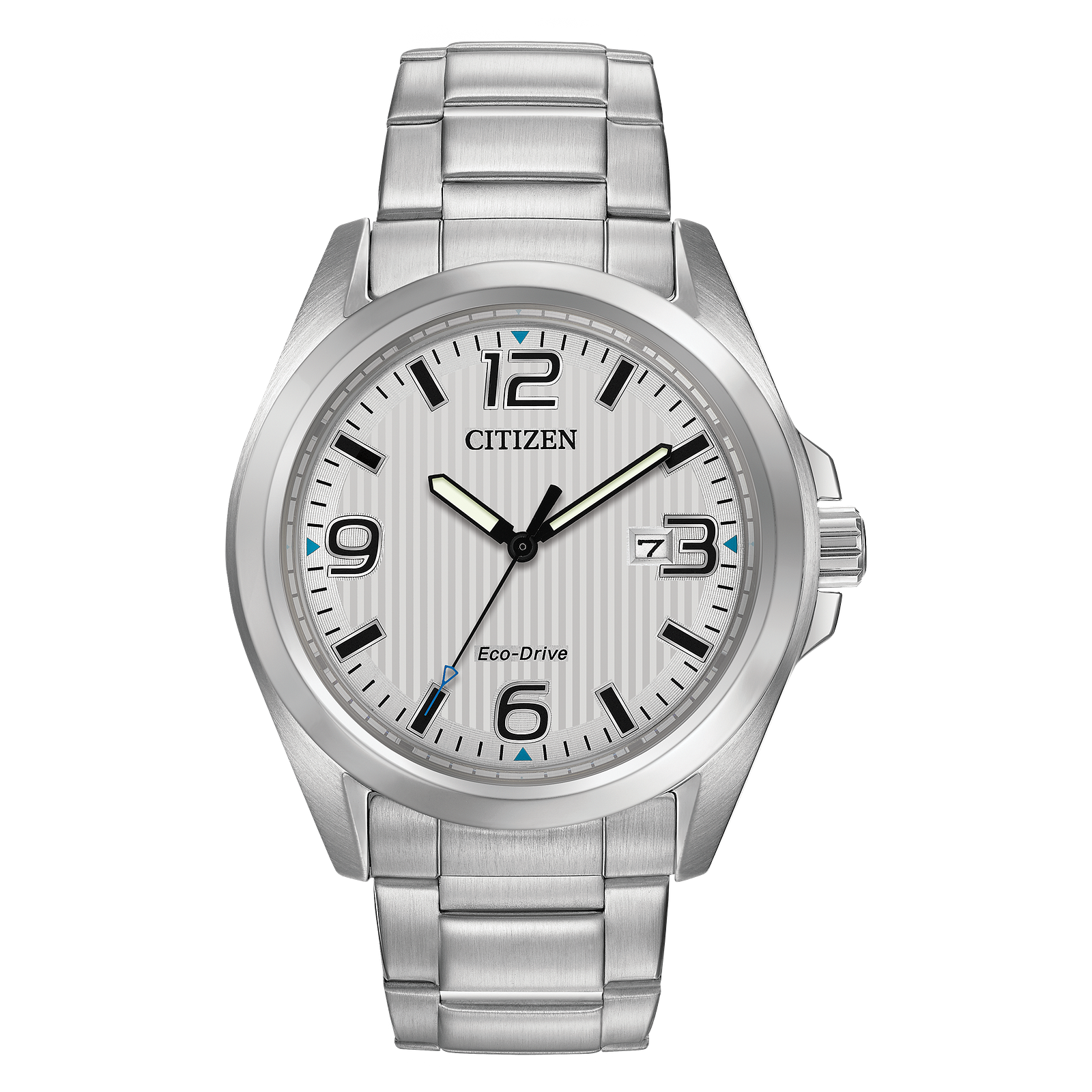 The Citizen Watch - Garrison Eco-Drive AW1430-86A features a stainless steel case, metallic strap, white dial with black numerals, blue accents, and a date window at 3 o'clock—an ideal classic men's watch.