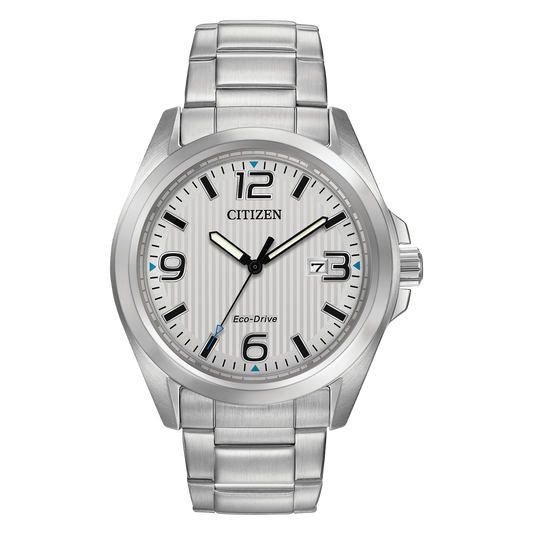 The Citizen Watch - Garrison Eco-Drive AW1430-86A features a stainless steel case, metallic strap, white dial with black numerals, blue accents, and a date window at 3 o'clock—an ideal classic men's watch.
