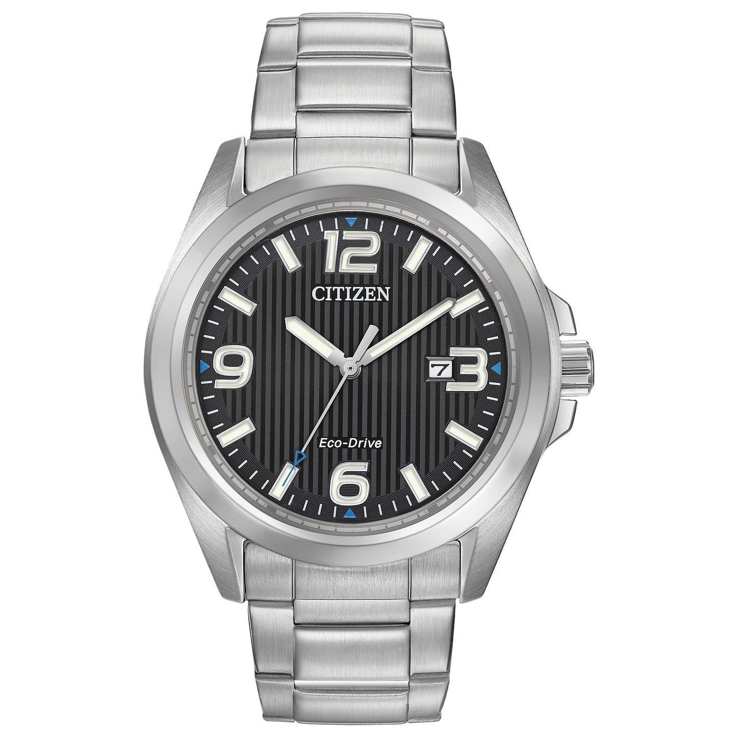 The Citizen Garrison AW1430-86E men's watch features a black textured dial with silver markers, blue accents, and date at 3 o’clock. Its stainless steel case and brushed silver band add a stylish touch to this Eco-Drive timepiece.