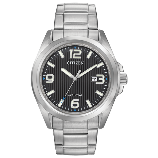 The Citizen Garrison AW1430-86E men's watch features a black textured dial with silver markers, blue accents, and date at 3 o’clock. Its stainless steel case and brushed silver band add a stylish touch to this Eco-Drive timepiece.