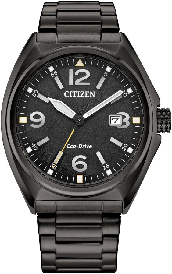 The Citizen Watch - Sport - AW1575-59E features Eco-Drive technology, a black textured dial, luminous hands and markers, yellow accents at 12, 3, 6, and 9 o’clock, a date window at 3 o’clock, and a stainless steel band.