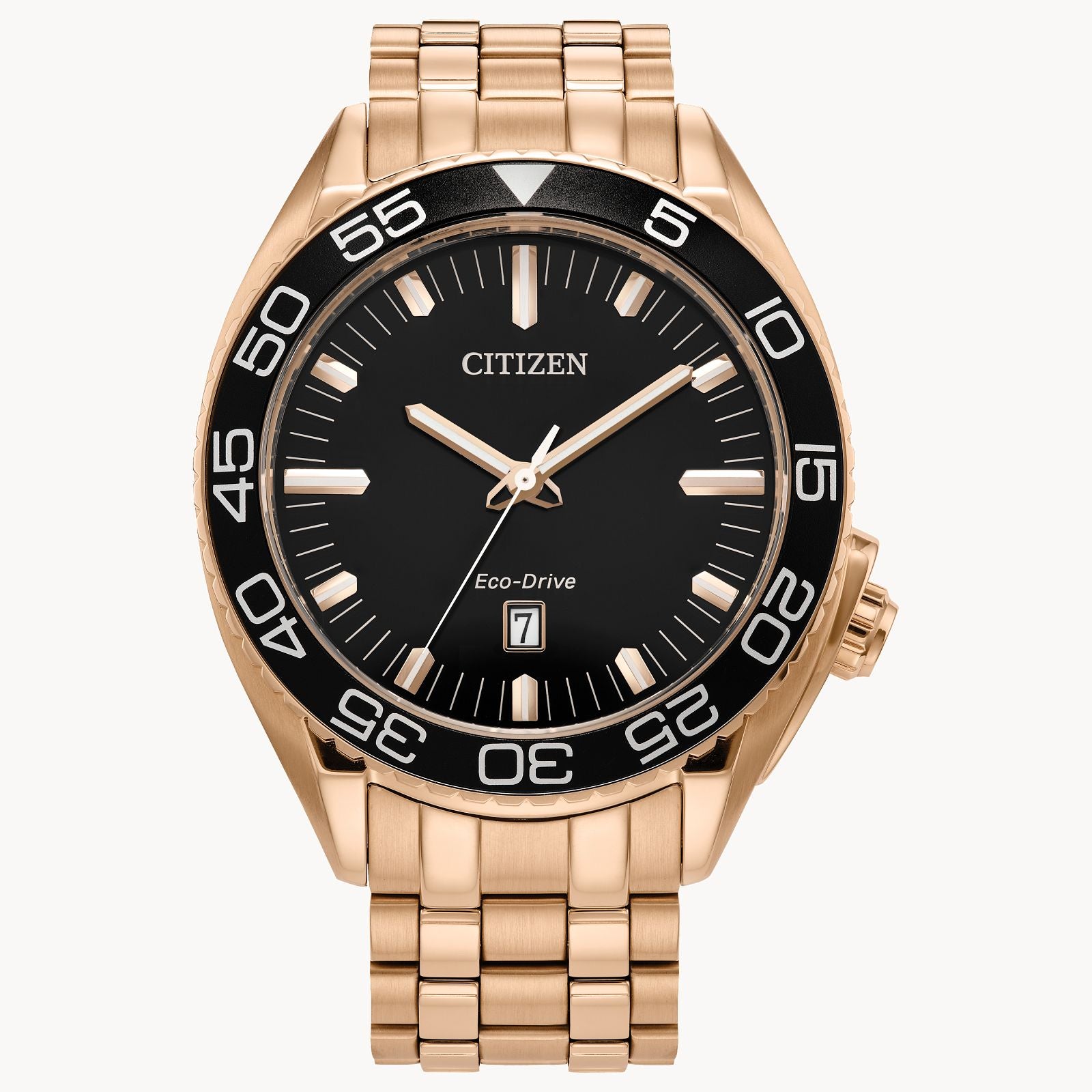 The Citizen Watch - Carson AW1773-55E is a luxury men's timepiece with a rose gold-tone stainless steel link band, black dial with white hour markers, rotating black bezel, and a date display at 3 o'clock.