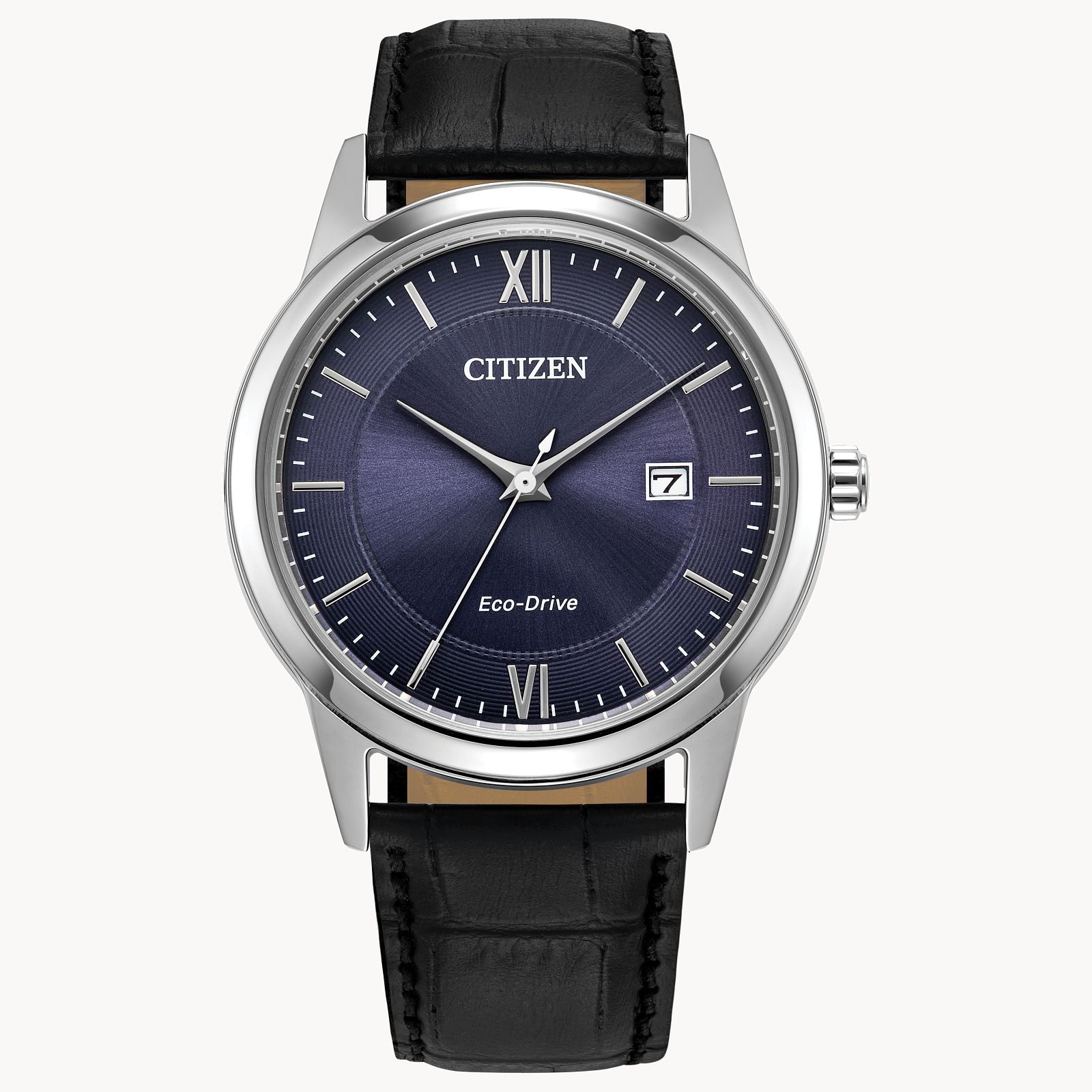 The Citizen Watch - Classic - AW1780-09L by Citizen features a blue dial, silver markers and hands, date window at 3 o’clock, polished silver case, and black leather strap for a timeless look.