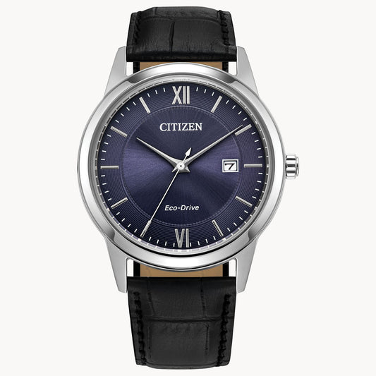 The Citizen Watch - Classic - AW1780-09L by Citizen features a blue dial, silver markers and hands, date window at 3 o’clock, polished silver case, and black leather strap for a timeless look.