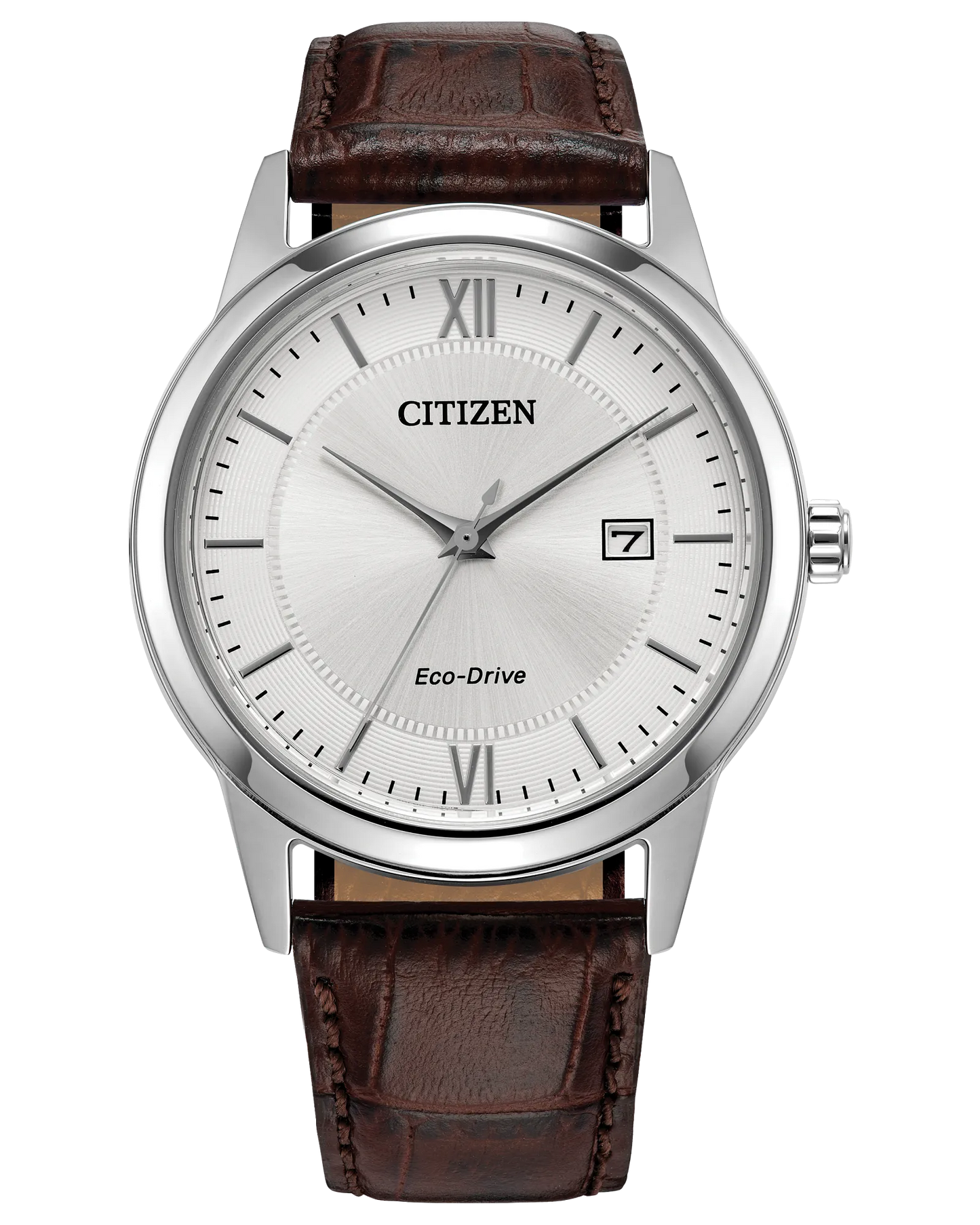 The Citizen Watch - Classic - AW1780-25A features a silver dial with Roman numerals, date window at 3 o'clock, silver case, brown leather strap, and is powered by Eco-Drive technology.