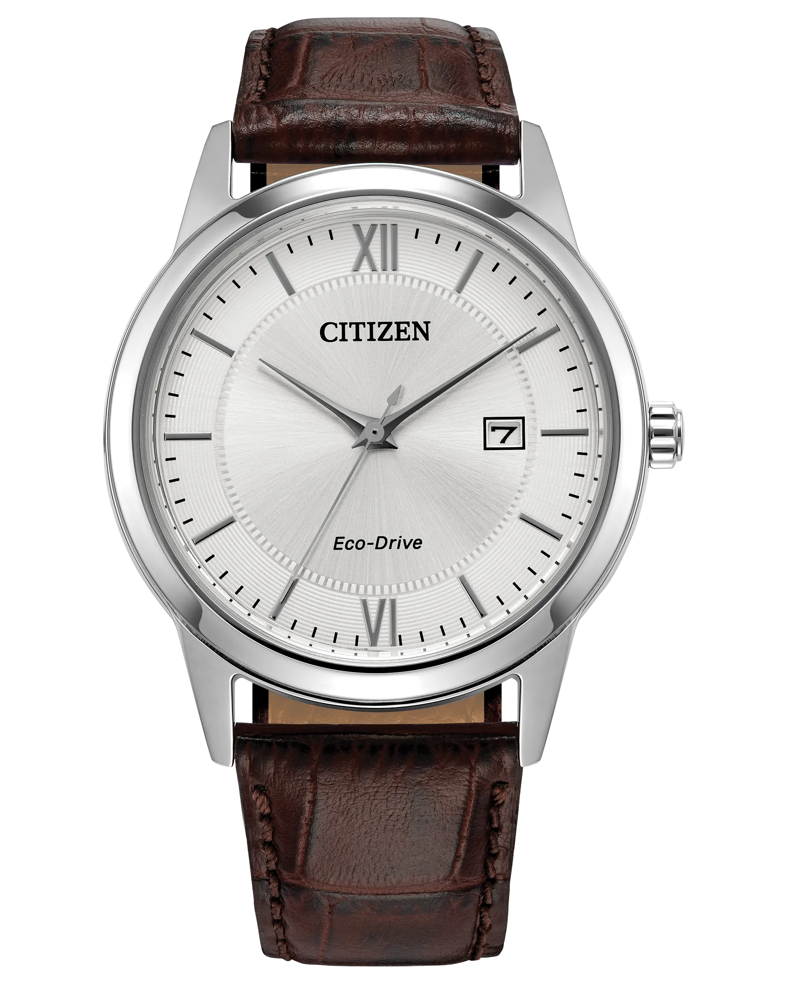 The Citizen Watch - Classic - AW1780-25A features a silver dial with Roman numerals, date window at 3 o'clock, silver case, brown leather strap, and is powered by Eco-Drive technology.