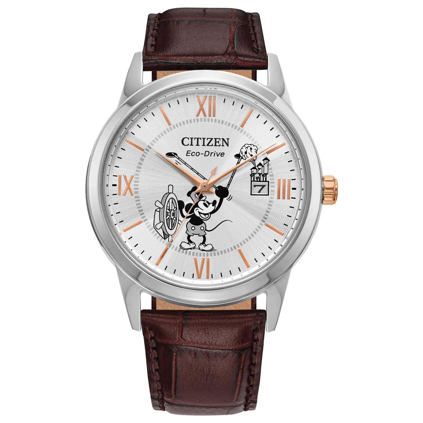 The Citizen Watch - Mickey Mouse Eco (AW1788-07W) by Citizen features a brown leather strap, silver case, and dial with Steamboat Willie 1928's Mickey Mouse at the helm, plus gold Roman numeral markers for a charming Disney touch.