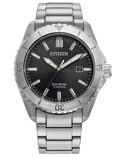 The Citizen Watch Brycen Super Titanium AW1840-50E features a black face, luminous hands and markers, date at 3 o’clock, Eco-Drive Titanium label, unidirectional bezel, metal link band, and sapphire crystal.