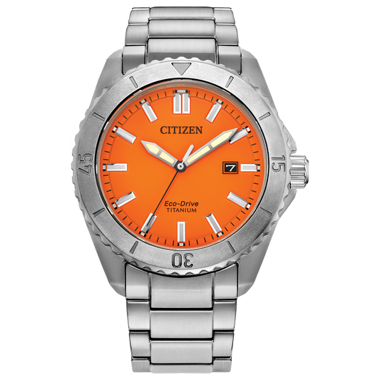 The Citizen Brycen Super Titanium (AW1840-50X) features a silver-tone case and link band, striking orange dial, sapphire crystal, silver markers and hands, Eco-Drive tech, and a date window at 3 o’clock.