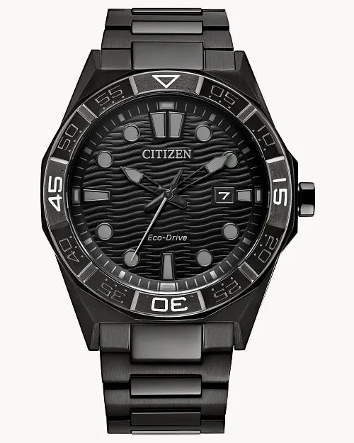 The Citizen Brycen AW1855-52E is a black stainless steel watch featuring Eco-Drive technology, a wave-patterned dial, bold hour markers, and a date window at 3 o'clock for a sporty, modern look.