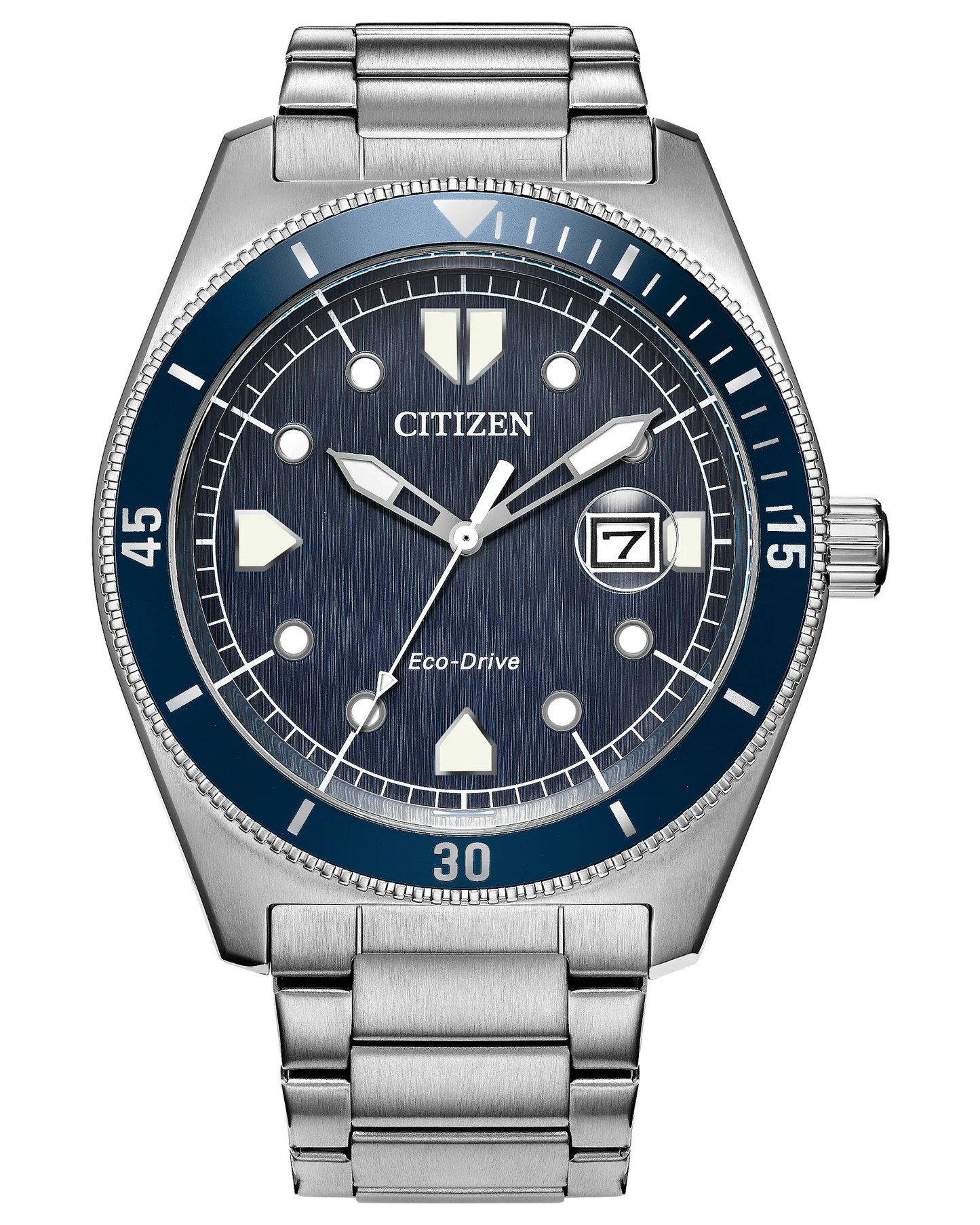 The Citizen Terra Force AW1886-59L features a stainless steel design, blue bezel, dark textured dial with silver markers, date at 3 o’clock, silver link bracelet, and is water resistant to 100m for daily durability.