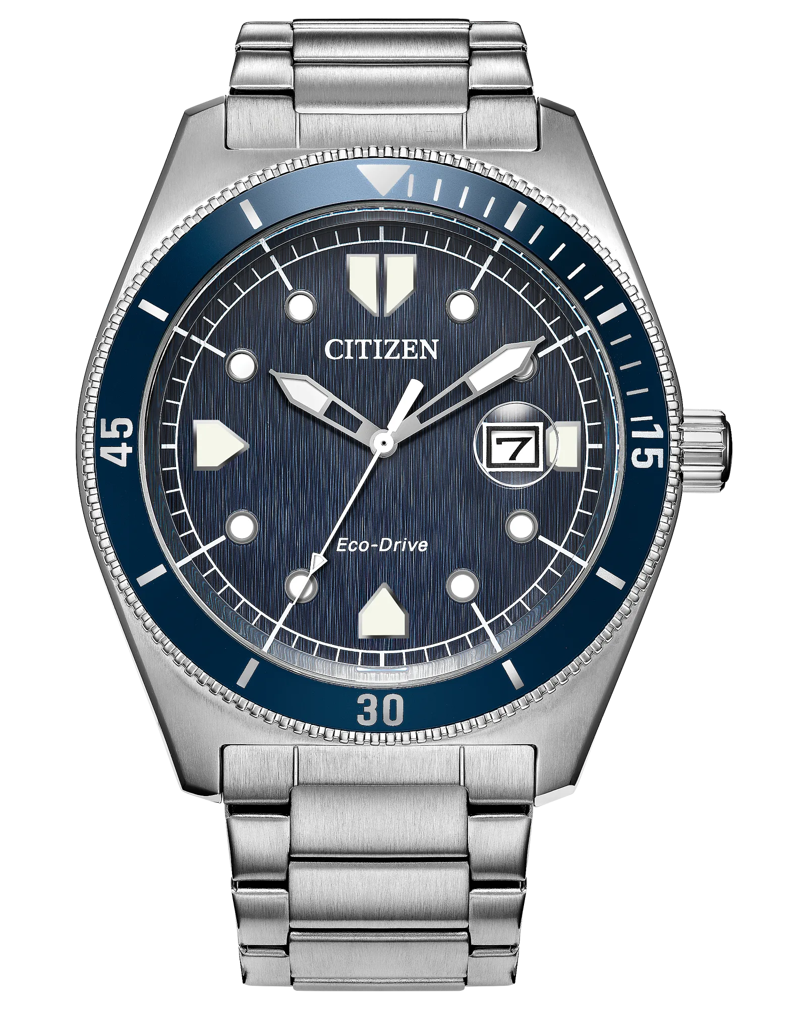 The Citizen Terra Force AW1886-59L features a stainless steel design, blue bezel, dark textured dial with silver markers, date at 3 o’clock, silver link bracelet, and is water resistant to 100m for daily durability.