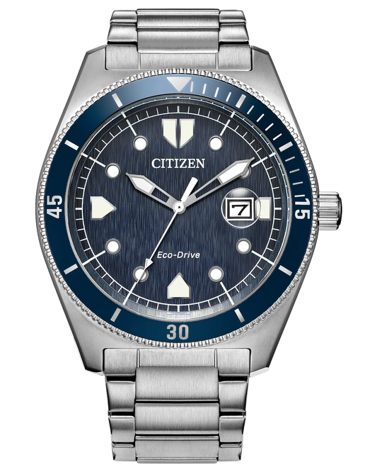 The Citizen Terra Force AW1886-59L features a stainless steel design, blue bezel, dark textured dial with silver markers, date at 3 o’clock, silver link bracelet, and is water resistant to 100m for daily durability.