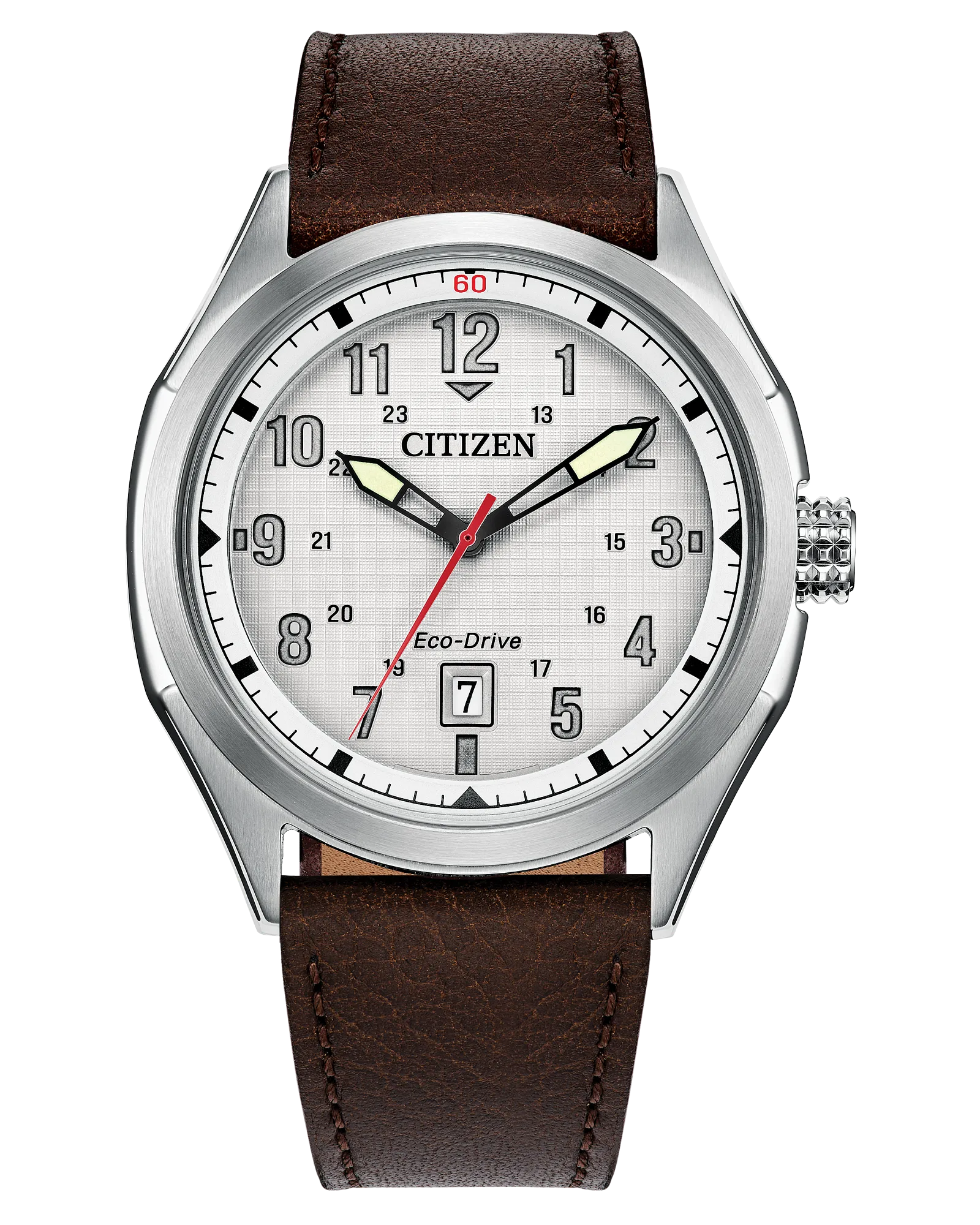 The Citizen Watch - Terra Force - AW1890-19B by Citizen features a white dial, black markers, luminous hands, red second hand, brown leather strap, silver case, and displays both 12/24-hour formats in a military-inspired design.