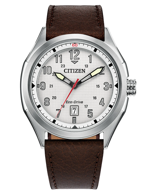 The Citizen Watch - Terra Force - AW1890-19B by Citizen features a white dial, black markers, luminous hands, red second hand, brown leather strap, silver case, and displays both 12/24-hour formats in a military-inspired design.