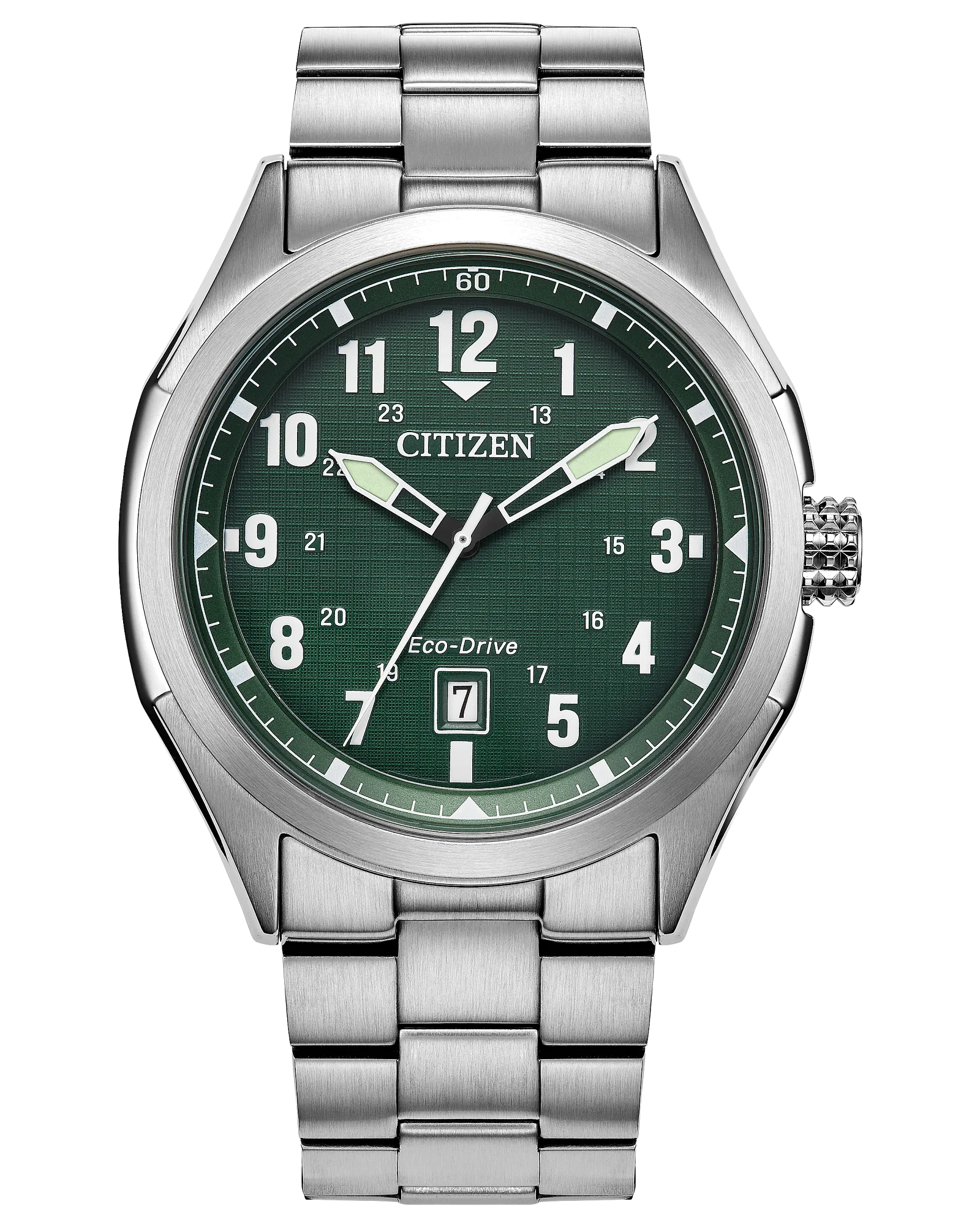 The Citizen Watch Terra Force AW1890-51X features a green dial with white numerals, silver hands, a date window at 6 o’clock, Eco-Drive branding above it, and a stainless steel bracelet.