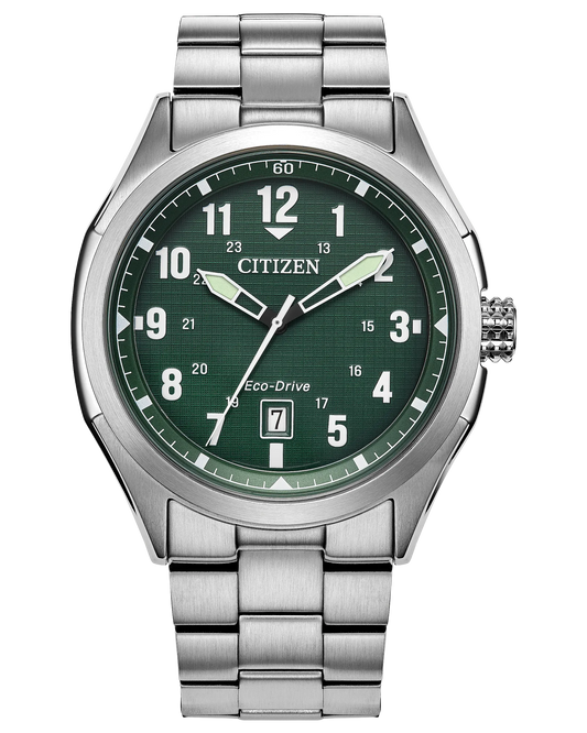 The Citizen Watch Terra Force AW1890-51X features a green dial with white numerals, silver hands, a date window at 6 o’clock, Eco-Drive branding above it, and a stainless steel bracelet.