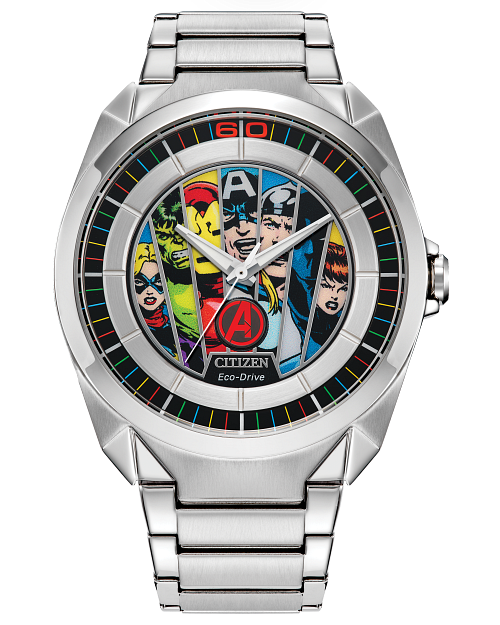 The Citizen Watch - Avengers Limited Edition Box Set (AW2080-64W) features a silver case and a vibrant comic-inspired dial with Marvel's Hulk, Iron Man, Captain America, Thor, Black Widow, and Black Panther.