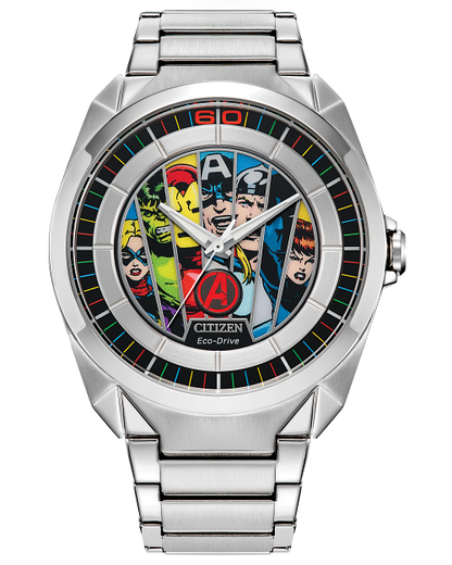 The Citizen Watch - Avengers Limited Edition Box Set (AW2080-64W) features a silver case and a vibrant comic-inspired dial with Marvel's Hulk, Iron Man, Captain America, Thor, Black Widow, and Black Panther.