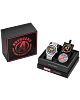 The Citizen Watch - Avengers Limited Edition Box Set (AW2080-64W) by Citizen includes a white watch with a colorful face, round pin, and keychain, all housed in a black box with bold red Avengers branding and logo.