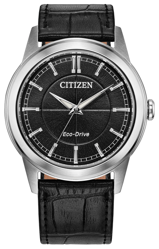 The Citizen Watch - Rolan (AW2110-06E) by Citizen features a black leather strap, black dial, silver hour markers, and silver hands set within a stainless steel case for a simple, elegant design.