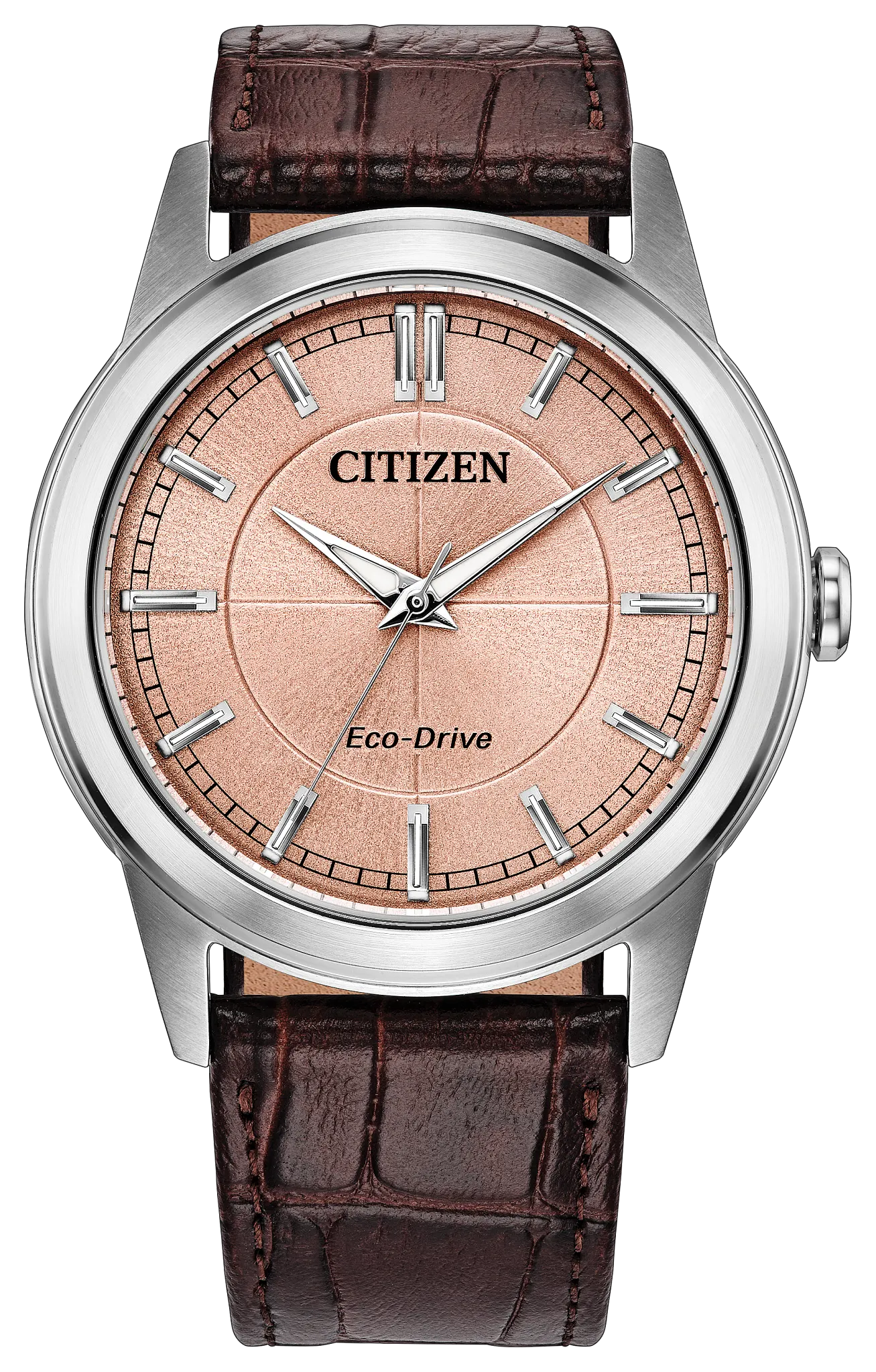The Citizen Watch - Rolan (AW2110-14Z) by Citizen features a rose gold face, stainless steel case, silver hour markers, and a brown leather strap with a crocodile pattern. The watch displays the time as 10:08:37.