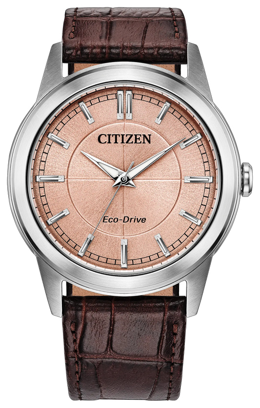 The Citizen Watch - Rolan (AW2110-14Z) by Citizen features a rose gold face, stainless steel case, silver hour markers, and a brown leather strap with a crocodile pattern. The watch displays the time as 10:08:37.