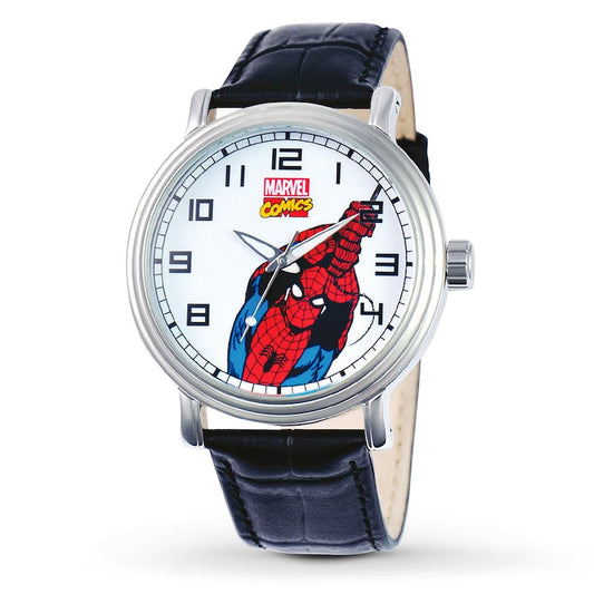 Watch with Spider-Man design and Marvel Comics logo on a white background