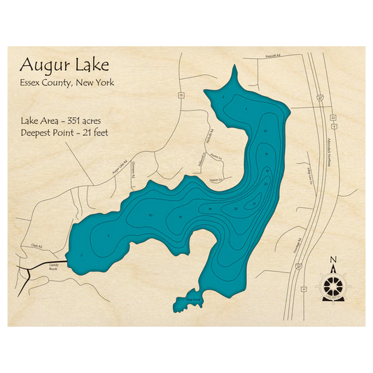 Lake Art’s 14" x 18" laser-carved wooden relief map depicts Auger Lake in Essex County, NY, with depth contours, roads, compass rose, and labels for lake area (351 acres) and max depth (21 ft)—a unique customizable Lake Map.