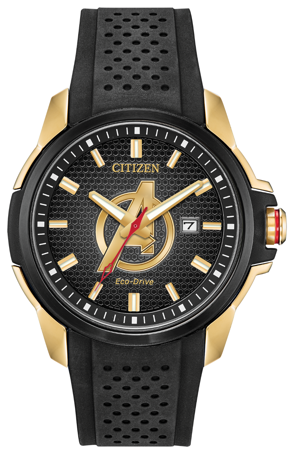 The Citizen Watch - Avengers - AW1155-03W features an Avengers "A" logo on a black textured dial, gold-tone case accents, Eco-Drive tech, date window, and a black perforated rubber strap—a bold men’s superhero watch by Citizen.