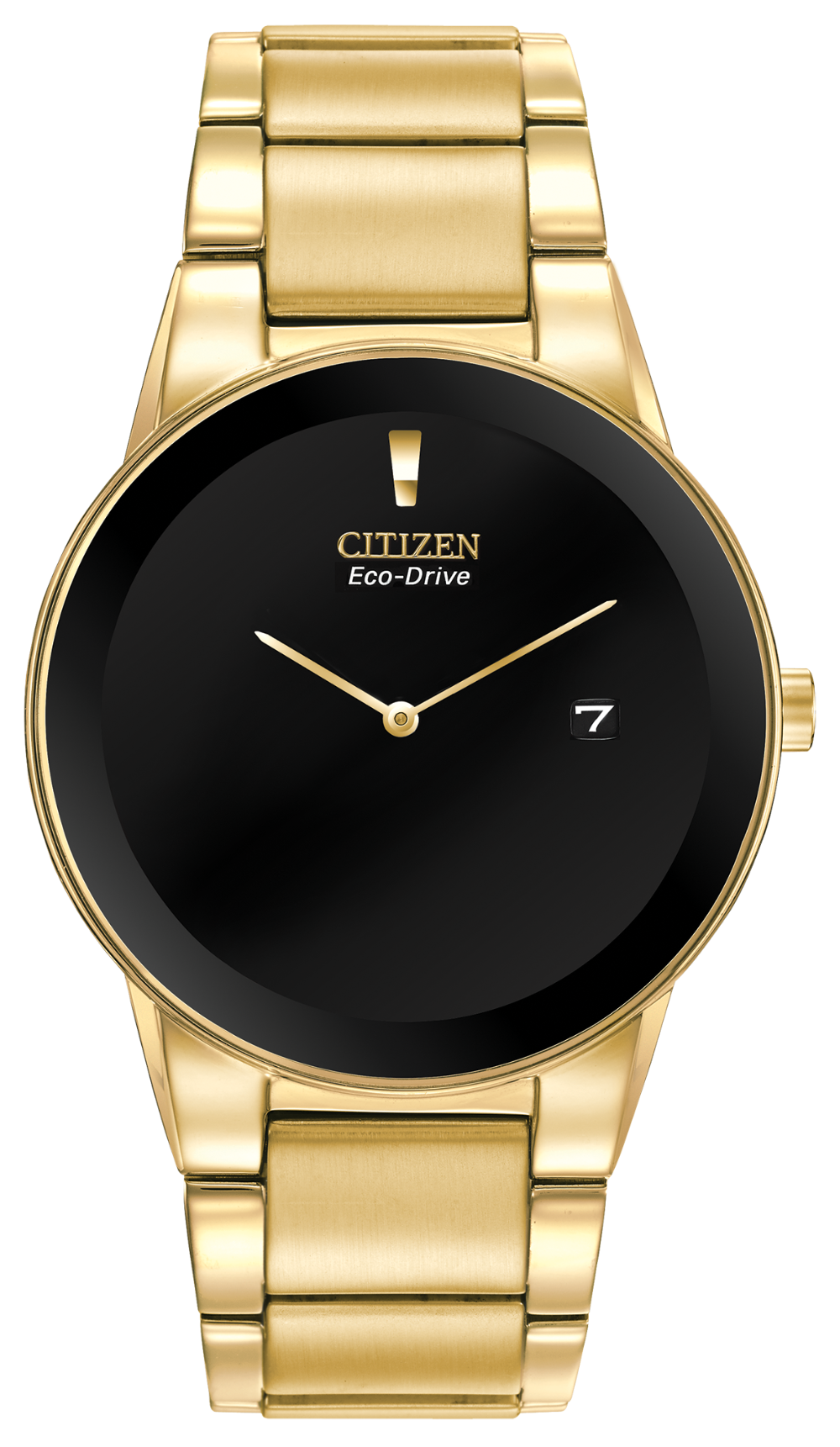 The Citizen Watch - Axiom - AU1062-56E features Eco-Drive technology, a gold-tone stainless steel case, black circular face, minimalist gold hands, date window at 3 o’clock, and a sleek gold metal bracelet.