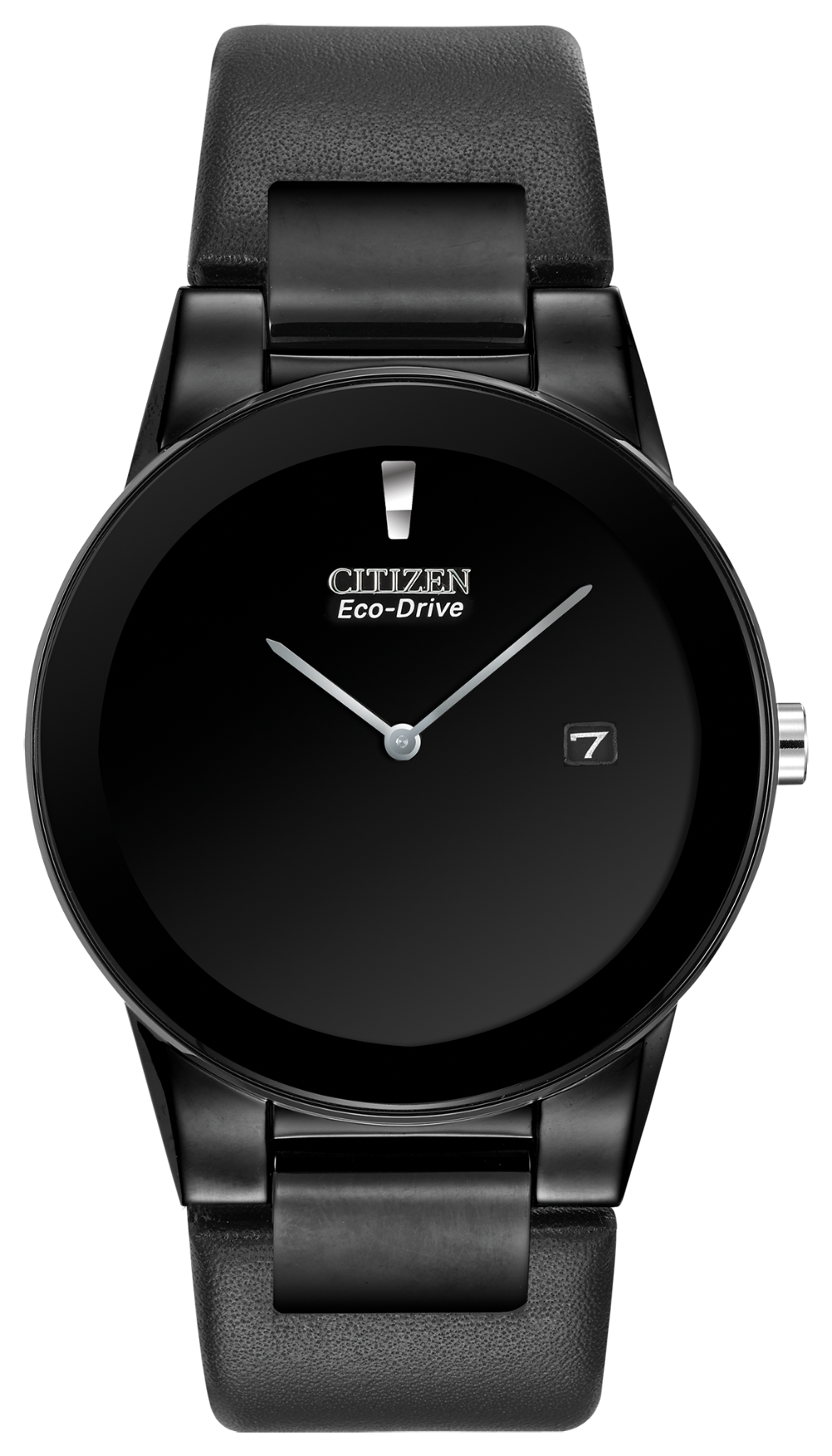 The Citizen Watch - Axiom - AU1065-07E features Eco-Drive technology, a minimalist black dial with silver hands, a single silver marker at 12 o’clock, date window at 3 o’clock, and a black stainless steel band and case.