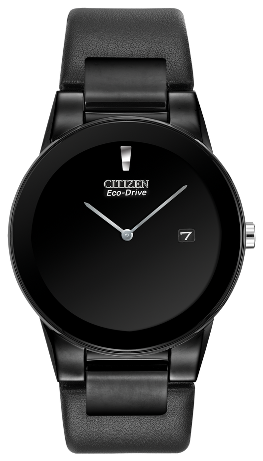 The Citizen Watch - Axiom - AU1065-07E features Eco-Drive technology, a minimalist black dial with silver hands, a single silver marker at 12 o’clock, date window at 3 o’clock, and a black stainless steel band and case.
