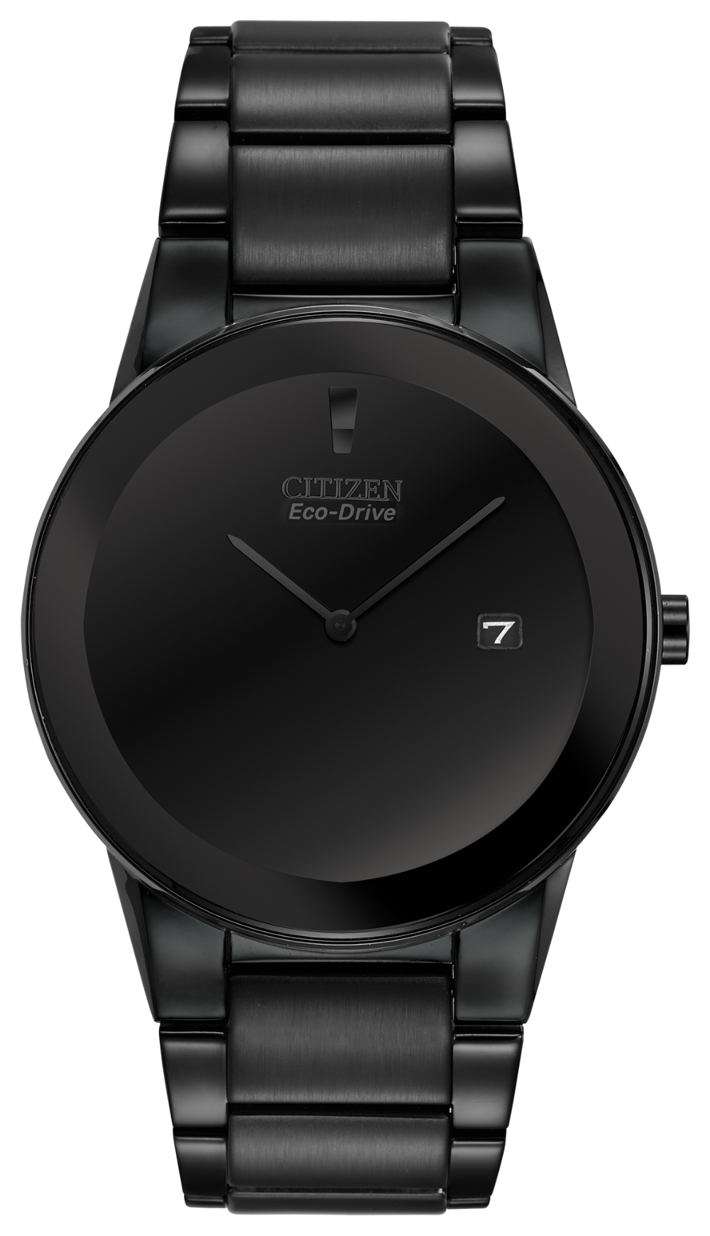 The Citizen Watch - Axiom - AU1065-58E features a sleek black metal band, minimalist black dial, subtle hands, and a date window at 3 o’clock—elegant style from Citizen.