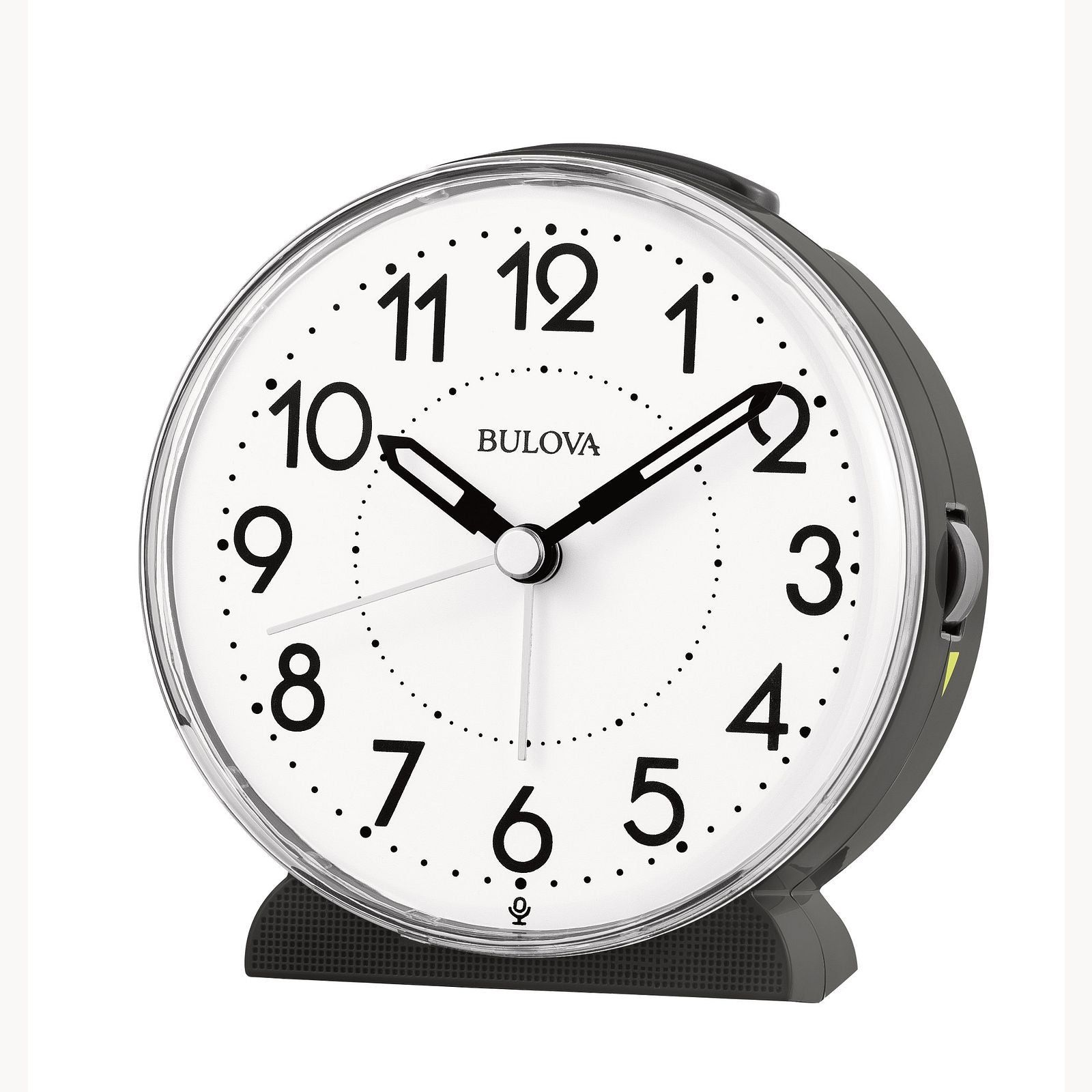 The Bulova Clock - Oracle - B1868 is a round silent quartz alarm clock with a white face, black numbers and hands at 10:10:41, plus a dark gray frame and clear cover—ideal for heavy sleepers seeking reliability.