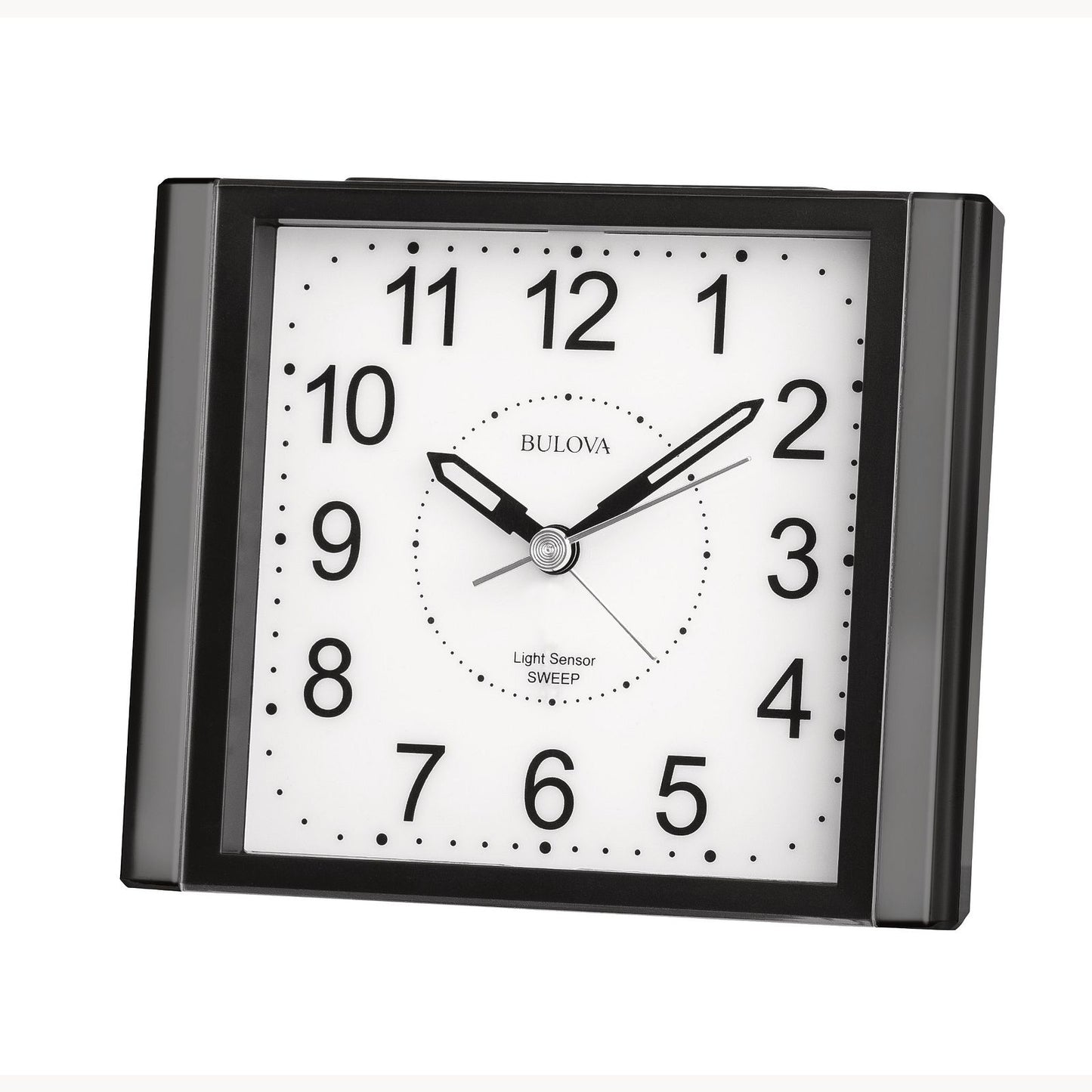The Bulova Clock - EZ View - B1872 is a square black and white clock with bold numbers, silent sweep quartz movement, EZ View display, and shows the time as 2:07:11.