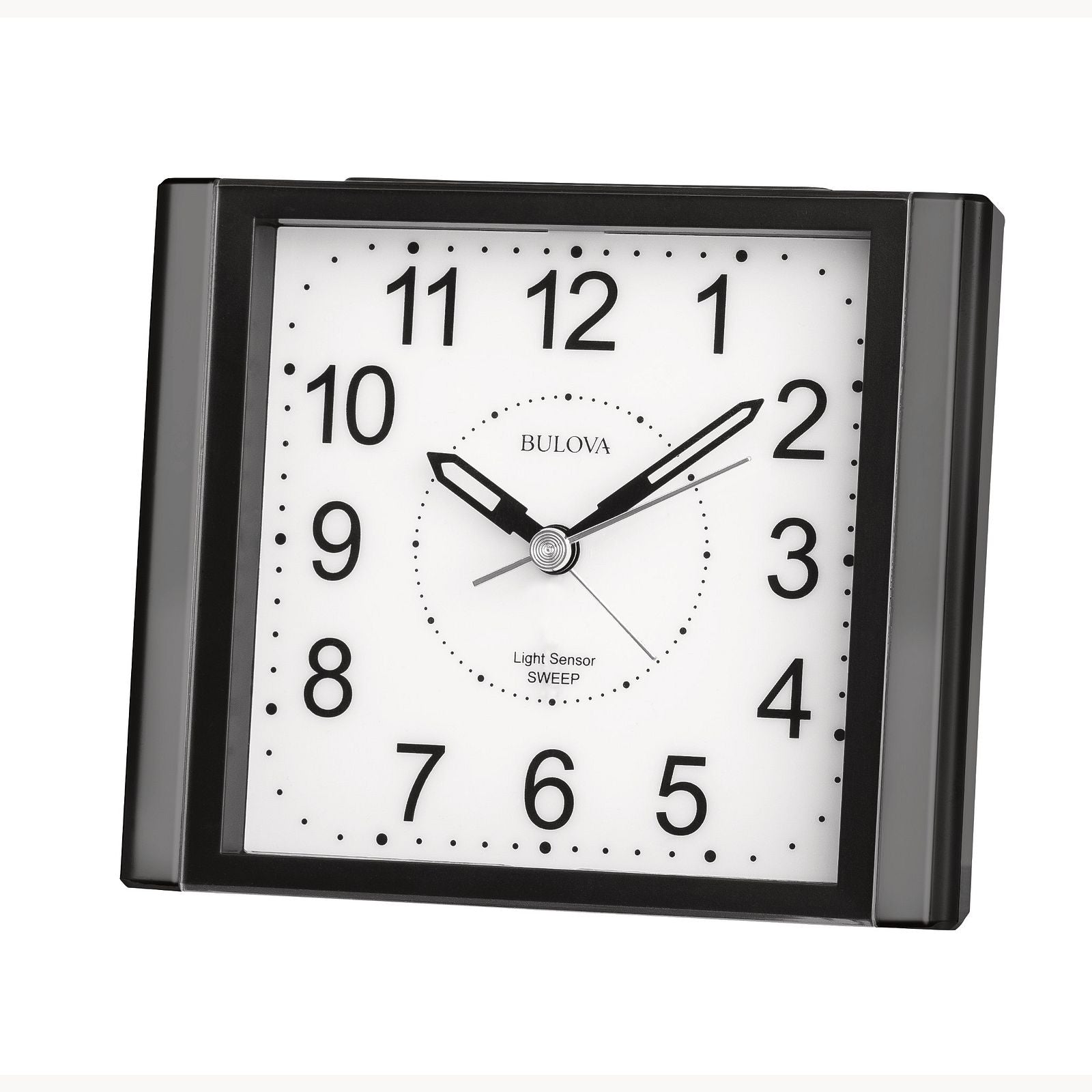 The Bulova Clock - EZ View - B1872 is a square black and white clock with bold numbers, silent sweep quartz movement, EZ View display, and shows the time as 2:07:11.