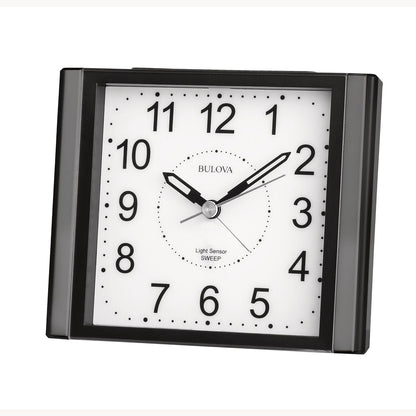 The Bulova Clock - EZ View - B1872 is a square black and white clock with bold numbers, silent sweep quartz movement, EZ View display, and shows the time as 2:07:11.