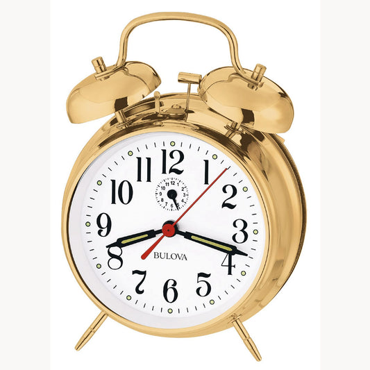 The Bulova Clock Bellman (B8124) is a gold-colored twin-bell alarm clock with black numerals, black hour and minute hands, a red second hand on a white face, and a small round dial above the center in classic bell alarm design.