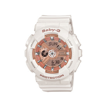 The Casio G-Shock Watch - BABY-G - BA110-7A1 by VLC Distribution Co. is a women's white resin watch with pink and gold accents, digital/analog displays, labeled function buttons, and is ideal for G-Shock fans.