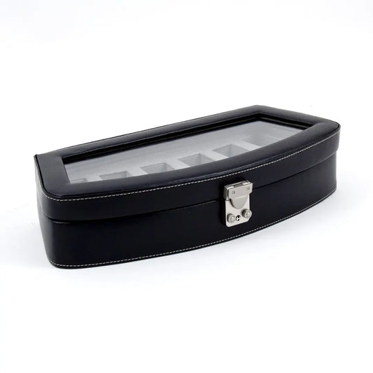 The Bey-berk Watch Box - Black Six Watch Box (BB520BLK) features black leather with white stitching, a glass lid, and metal latch lock, displayed against a white background and designed to hold up to six watches.