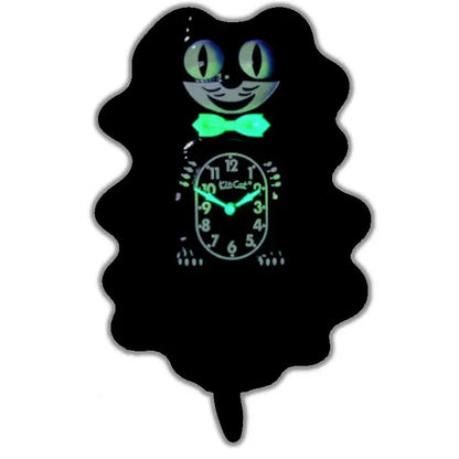 The California Clocks Kit-Cat Klock - Classic Black Gentleman Glow Edition (BC-1 GLOW) features a charming black cat-shaped design with glowing green eyes, bow tie, clock hands, and numbers set against a dark background. Its tail hangs down gracefully as a pendulum.