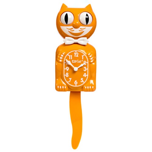 The Kit-Cat Klock - Festival Orange Gent (BC-55) by California Clocks is an orange, cat-shaped wall clock with large eyes, a white bow tie, a moving tail, and a belly clock face featuring white numbers and hands.