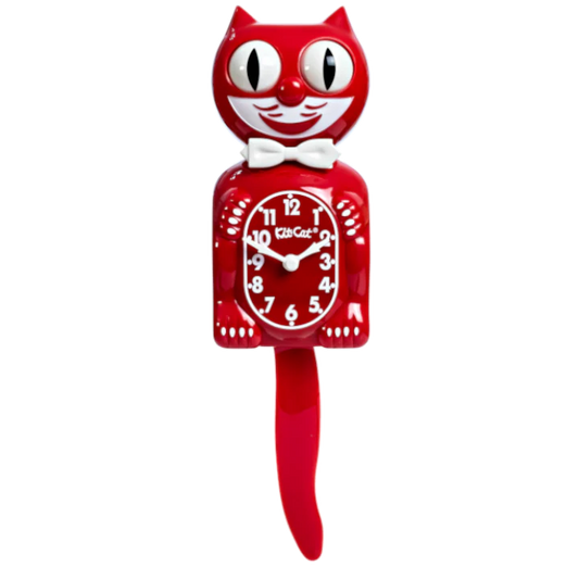 The California Clocks Kit-Cat Klock - Classic Red Gent (BC-58) is a 1950s-style red cat-shaped wall clock with a moving tail, big eyes, white numbers and hands, a bow tie, and "Kit-Cat" on the face.