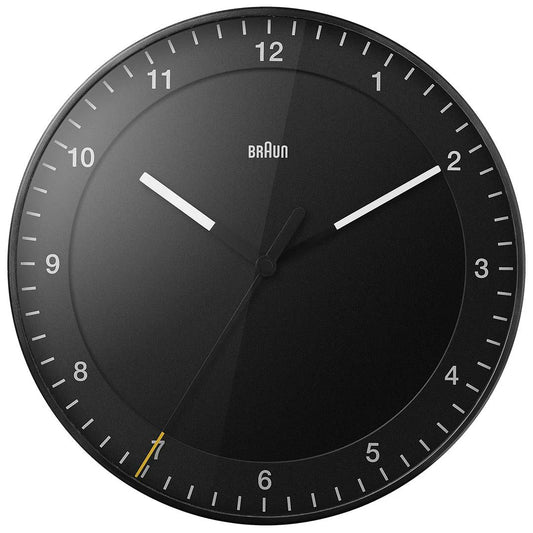 The Ameico Braun Wall Clock BC17B features a black face with bold white hour markers, white hour and minute hands, and a thin yellow second hand. The large display is easy to read and currently shows the time at 1:51:34.