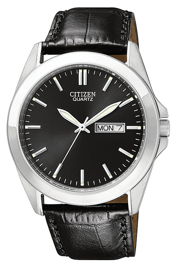 The Citizen Watch - Mens Quartz - BF0580-06E features a black leather strap, black dial, silver markers and hands, and a day-date display at 3 o’clock—an elegant stainless steel watch by Citizen for any occasion.