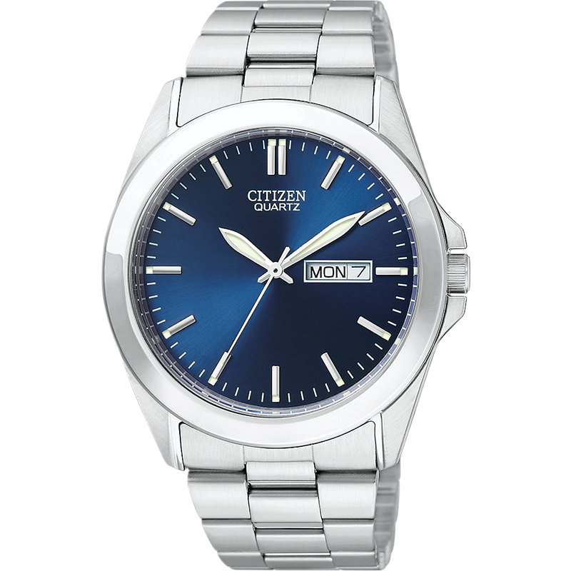 The Citizen Watches Quartz BF0580-57L by Citizen features a blue dial with silver markers and hands, a day-date display (MON 7), and a sleek stainless steel case with a silver metal link band for stylish wear.