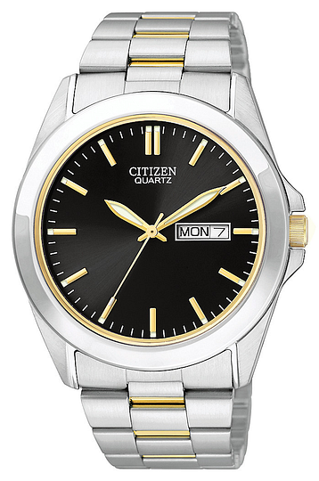 The Citizen Watch - Mens Quartz - BF0584-56E features a black dial with gold markers and hands, day/date display, and a sleek two-tone stainless steel band, combining classic style with the trusted quality of Citizen.